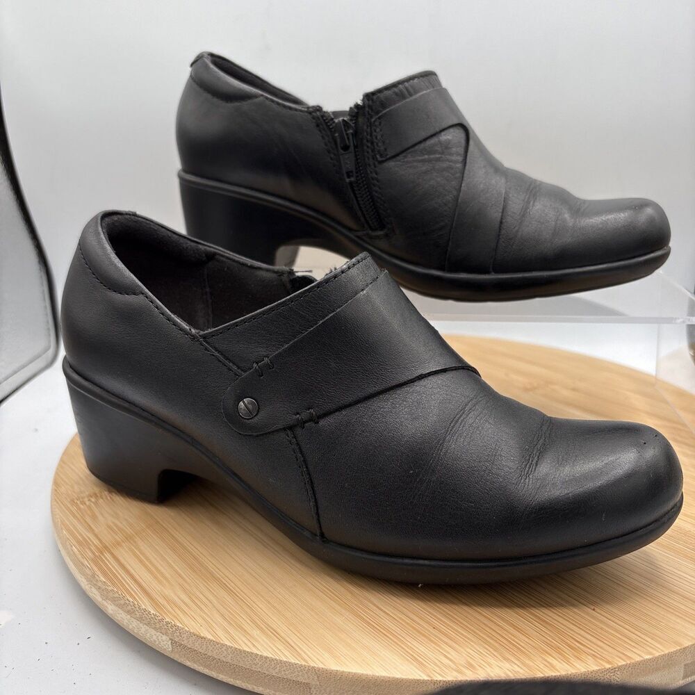 Clarks Collection Slip-On Leather Casual Shoes Black Womens 7.5M Side Zip